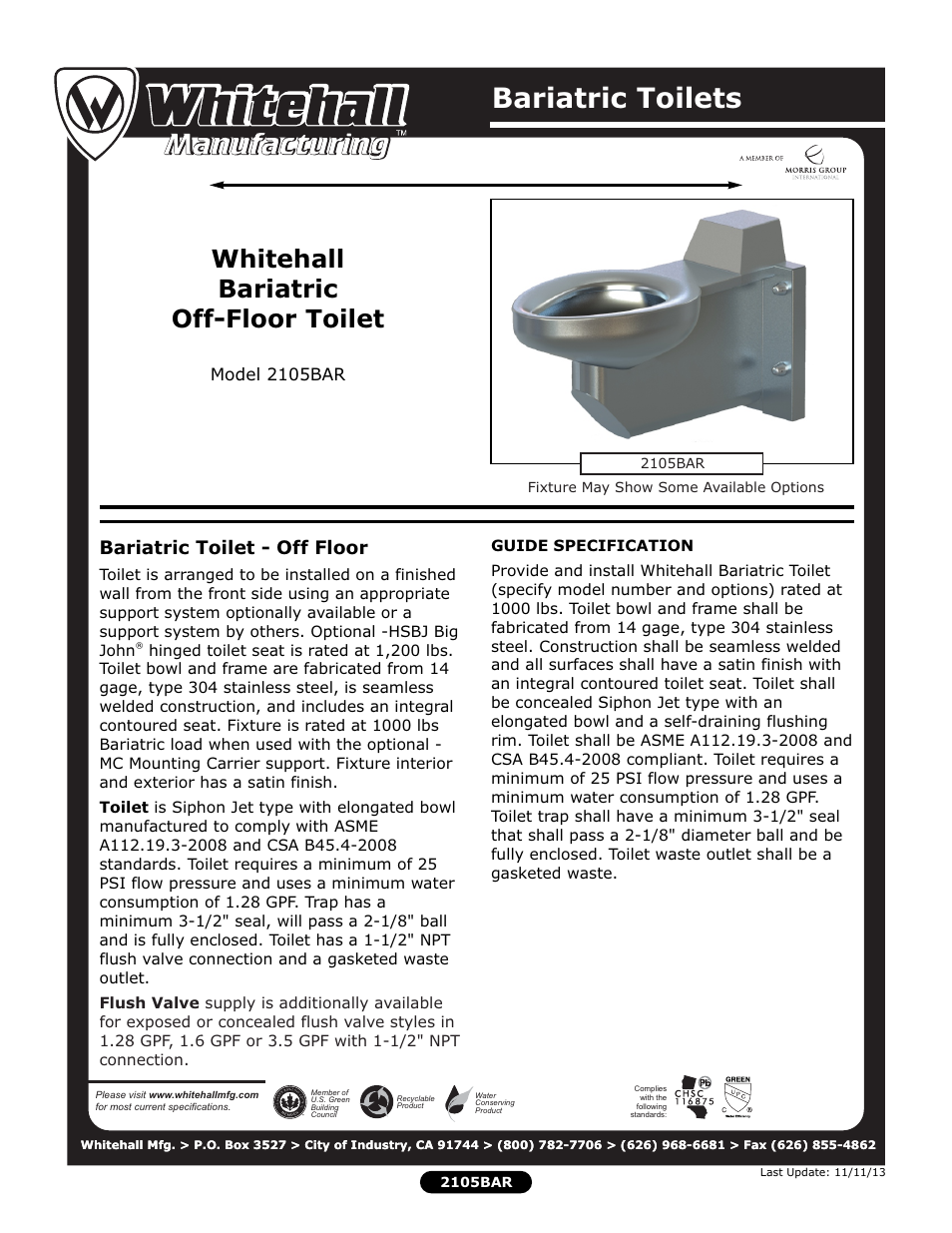 Whitehall Manufacturing 2105BAR User Manual | 2 pages