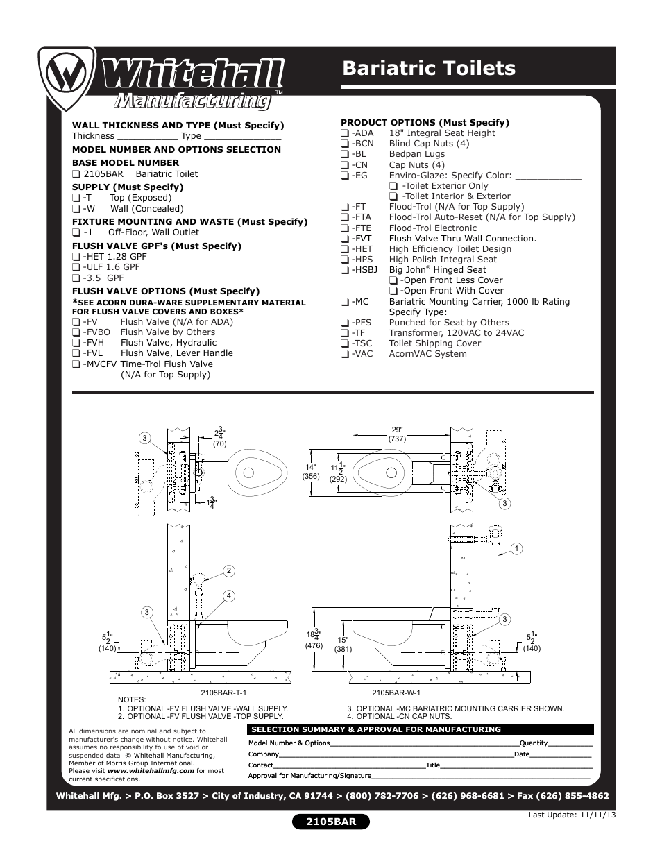 Bariatric toilets | Whitehall Manufacturing 2105BAR User Manual | Page 2 / 2