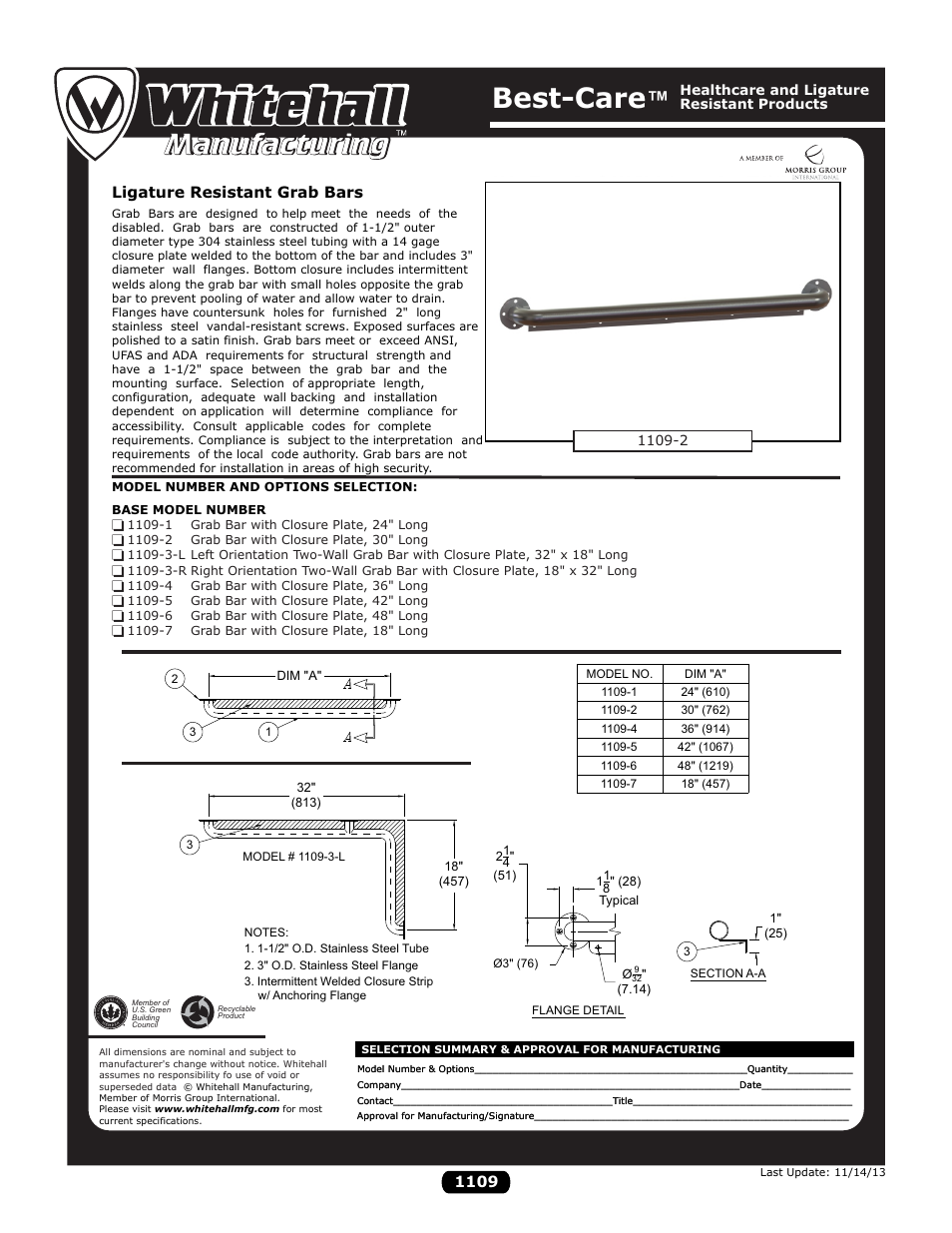 Whitehall Manufacturing 1109 series User Manual | 1 page