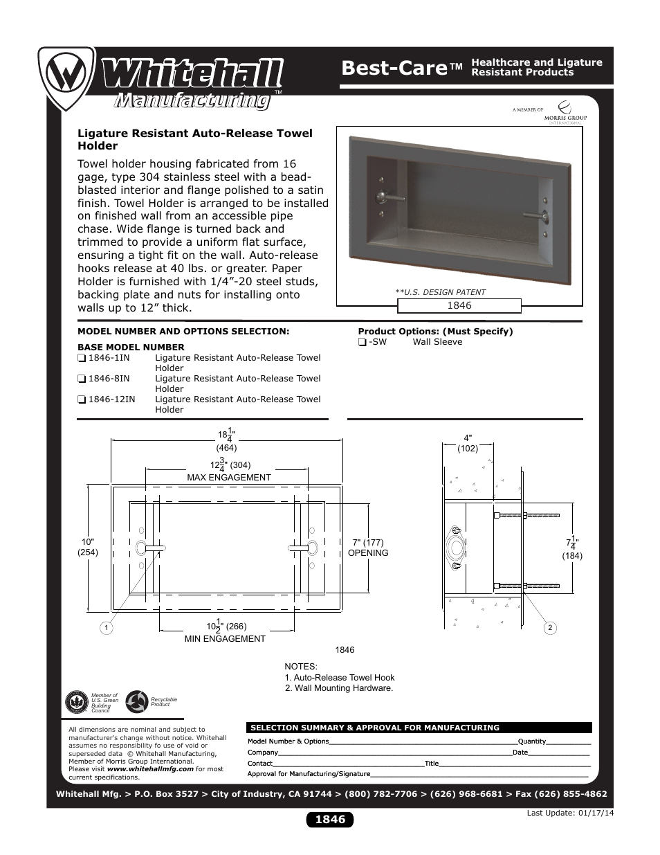 Whitehall Manufacturing 1846 series User Manual | 1 page