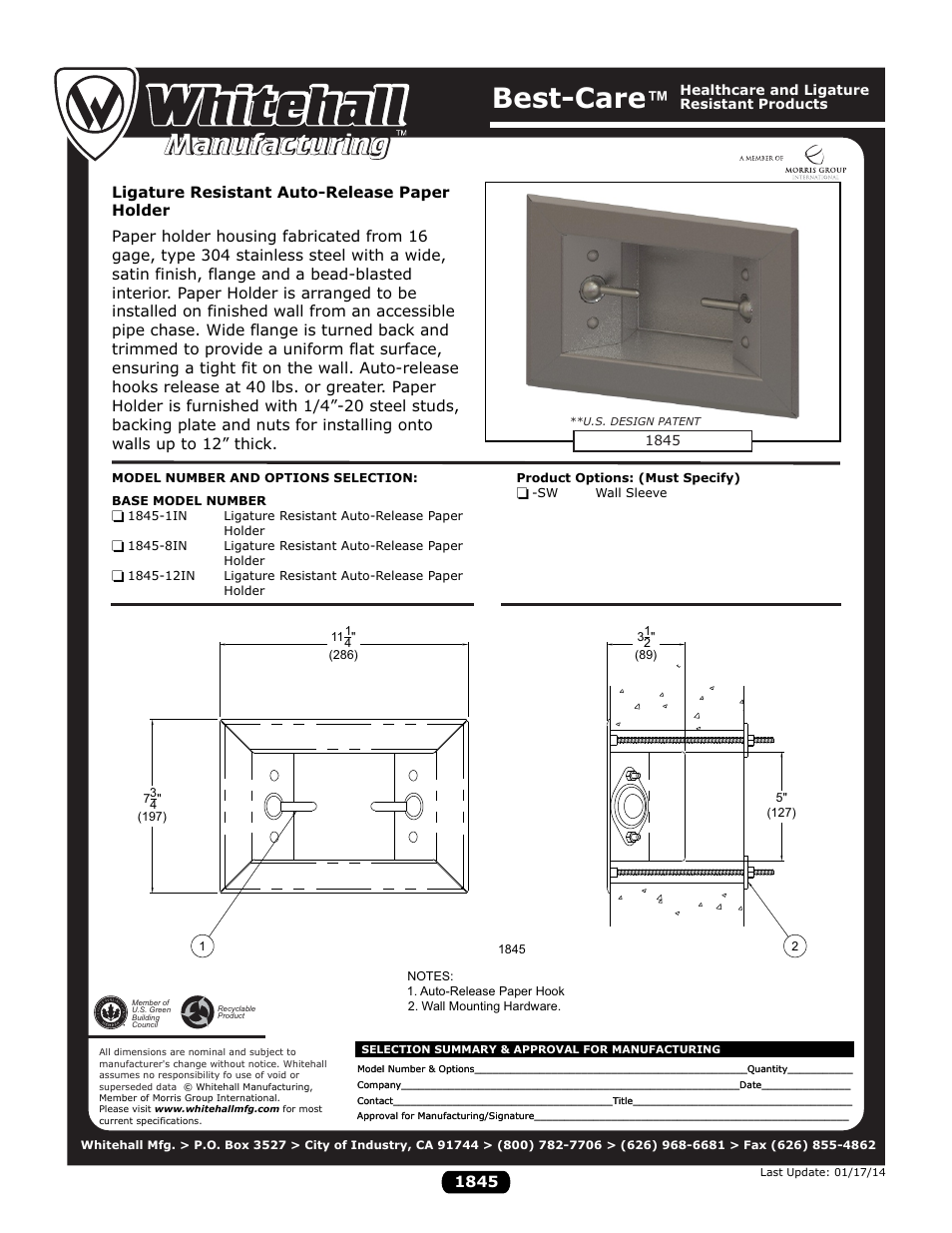 Whitehall Manufacturing 1845 series User Manual | 1 page