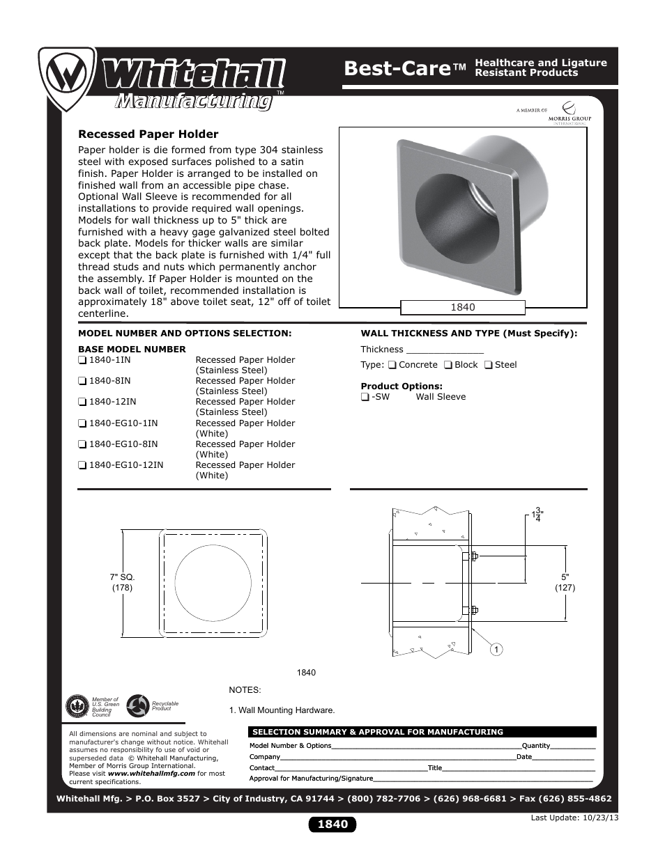 Whitehall Manufacturing 1840 series User Manual | 1 page
