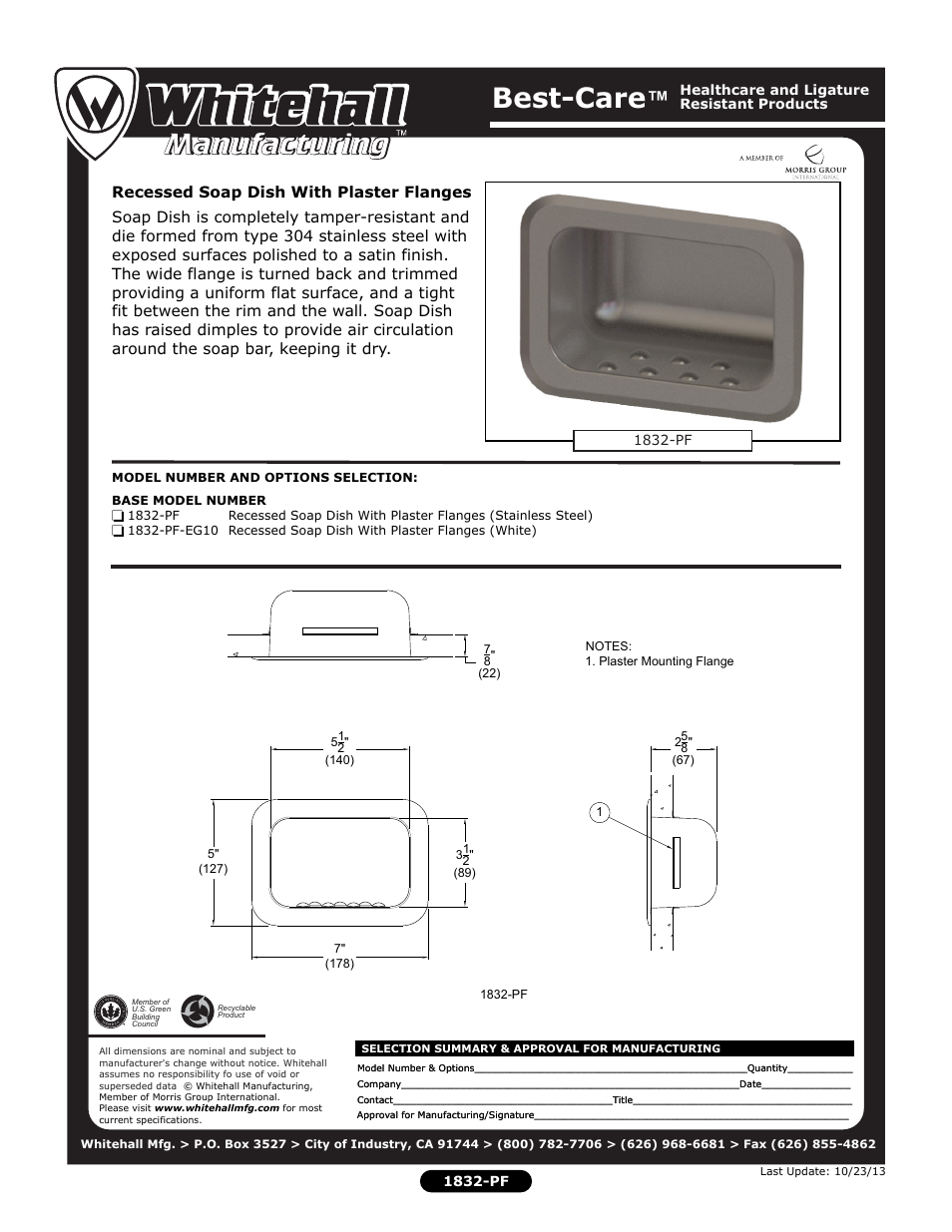 Whitehall Manufacturing 1832-PF User Manual | 1 page