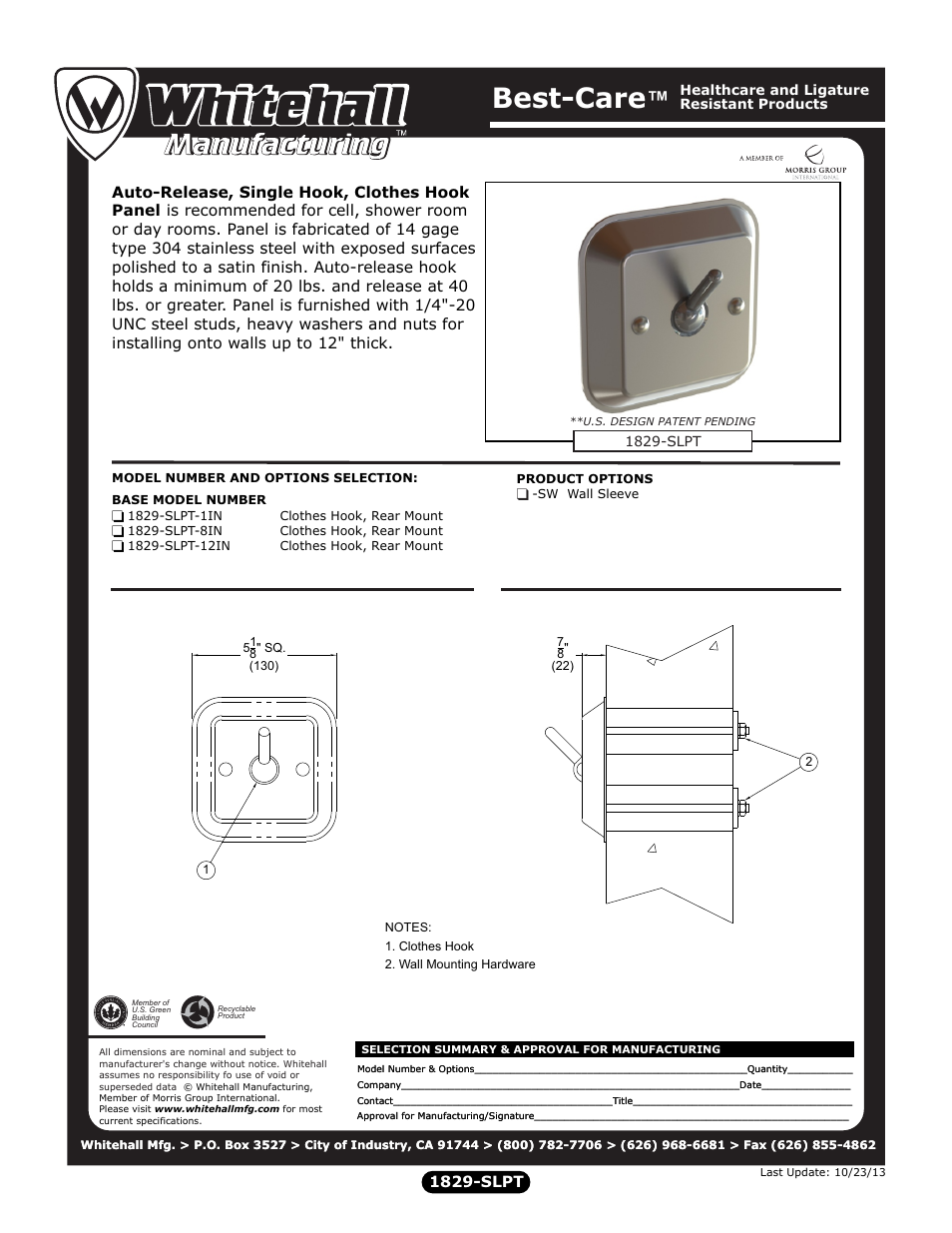 Whitehall Manufacturing 1829-SLPT User Manual | 1 page