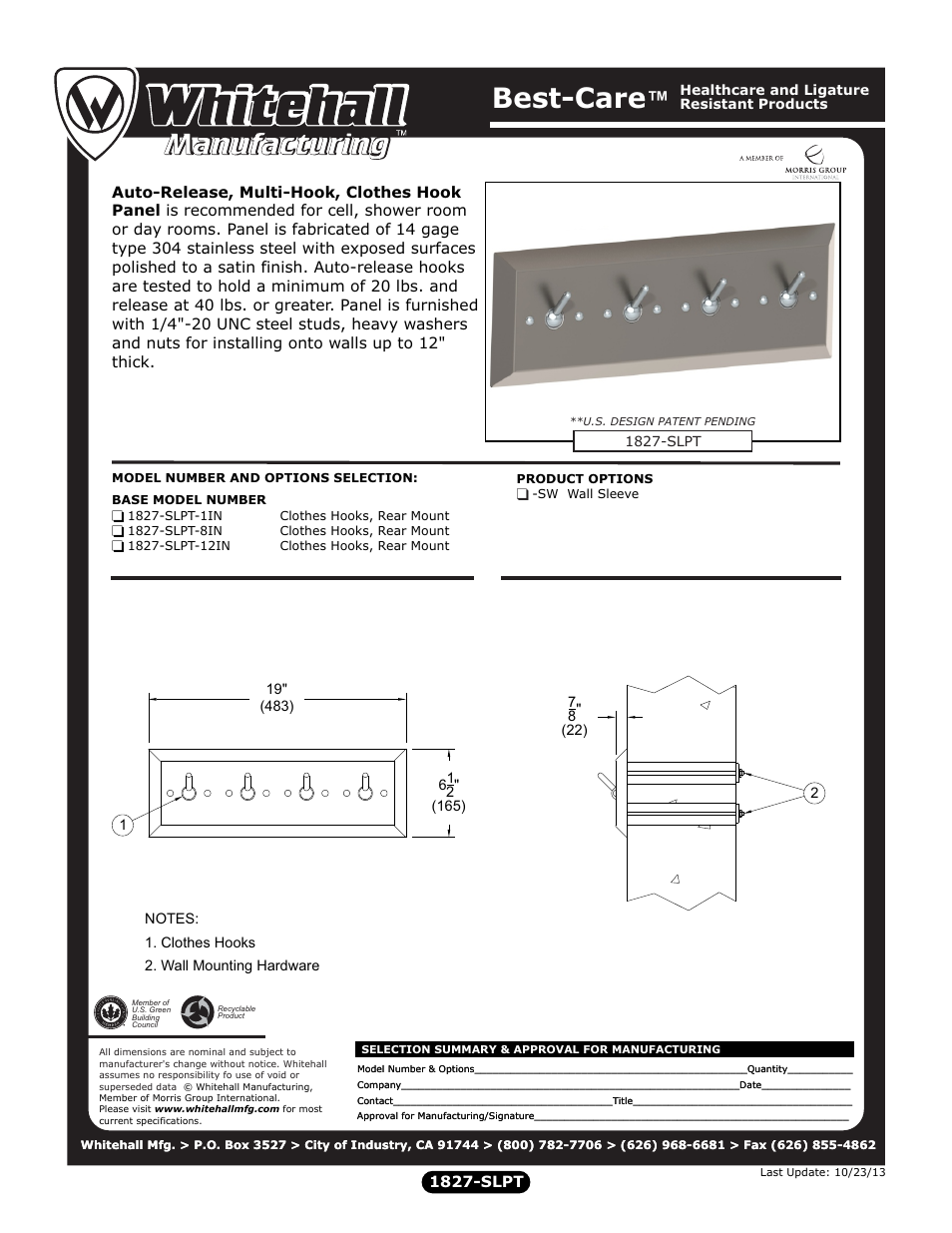 Whitehall Manufacturing 1827-SLPT User Manual | 1 page