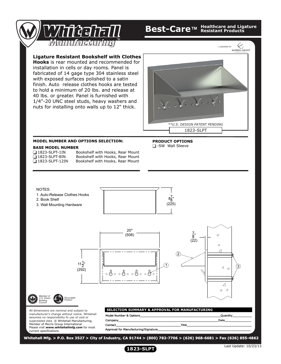 Whitehall Manufacturing 1823-SLPT User Manual | 1 page