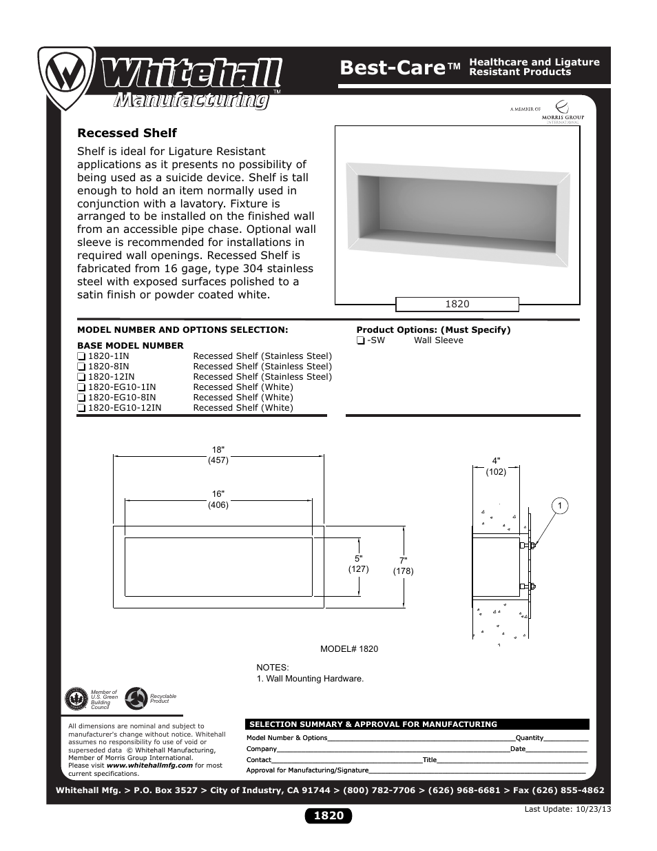 Whitehall Manufacturing 1820 series User Manual | 1 page