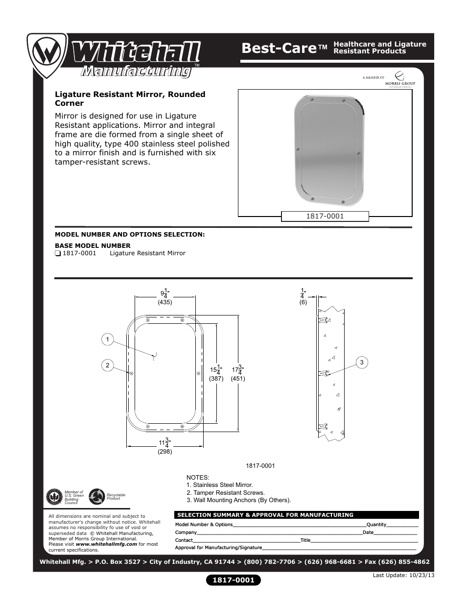 Whitehall Manufacturing 1817-0001 User Manual | 1 page