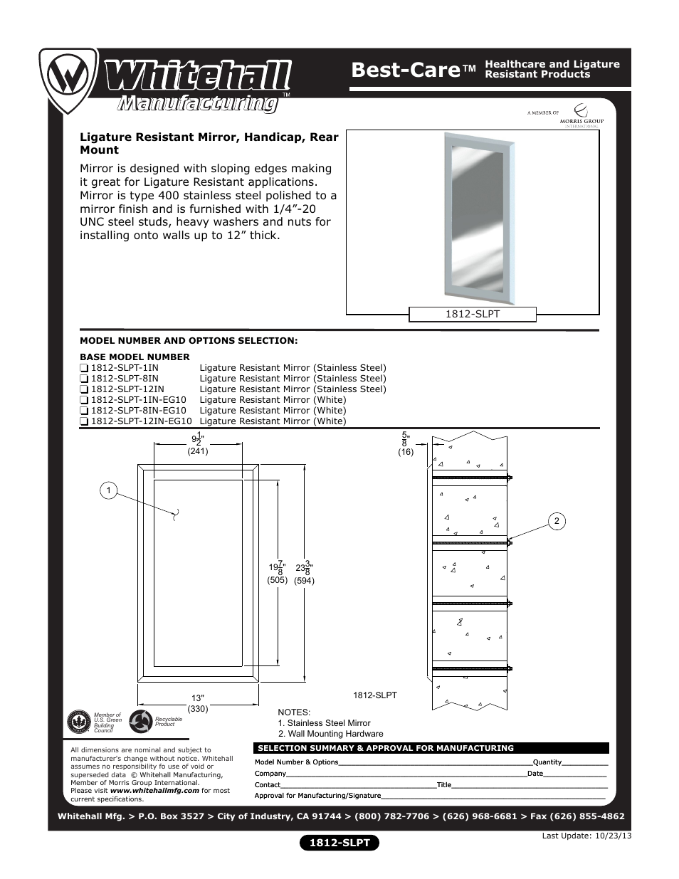 Whitehall Manufacturing 1812-SLPT User Manual | 1 page