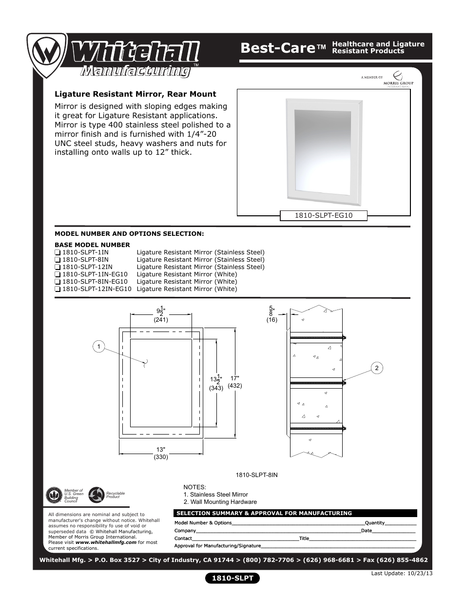 Whitehall Manufacturing 1810-SLPT User Manual | 1 page