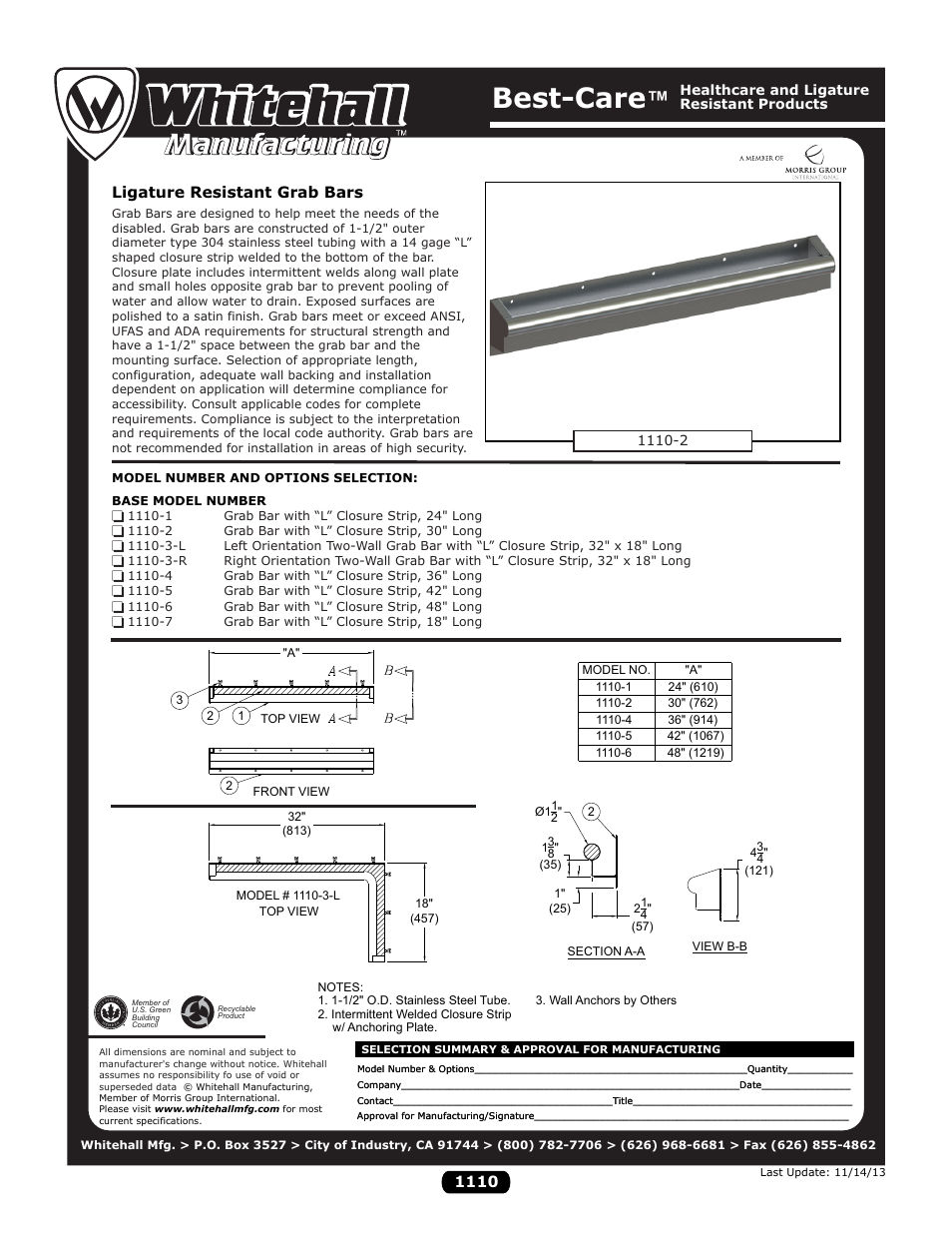 Whitehall Manufacturing 1110 series User Manual | 1 page