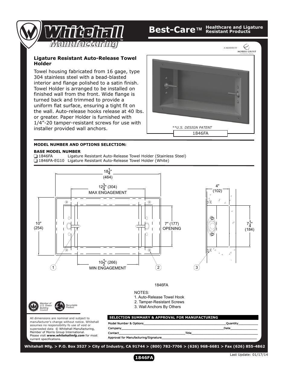 Whitehall Manufacturing 1846FA User Manual | 1 page