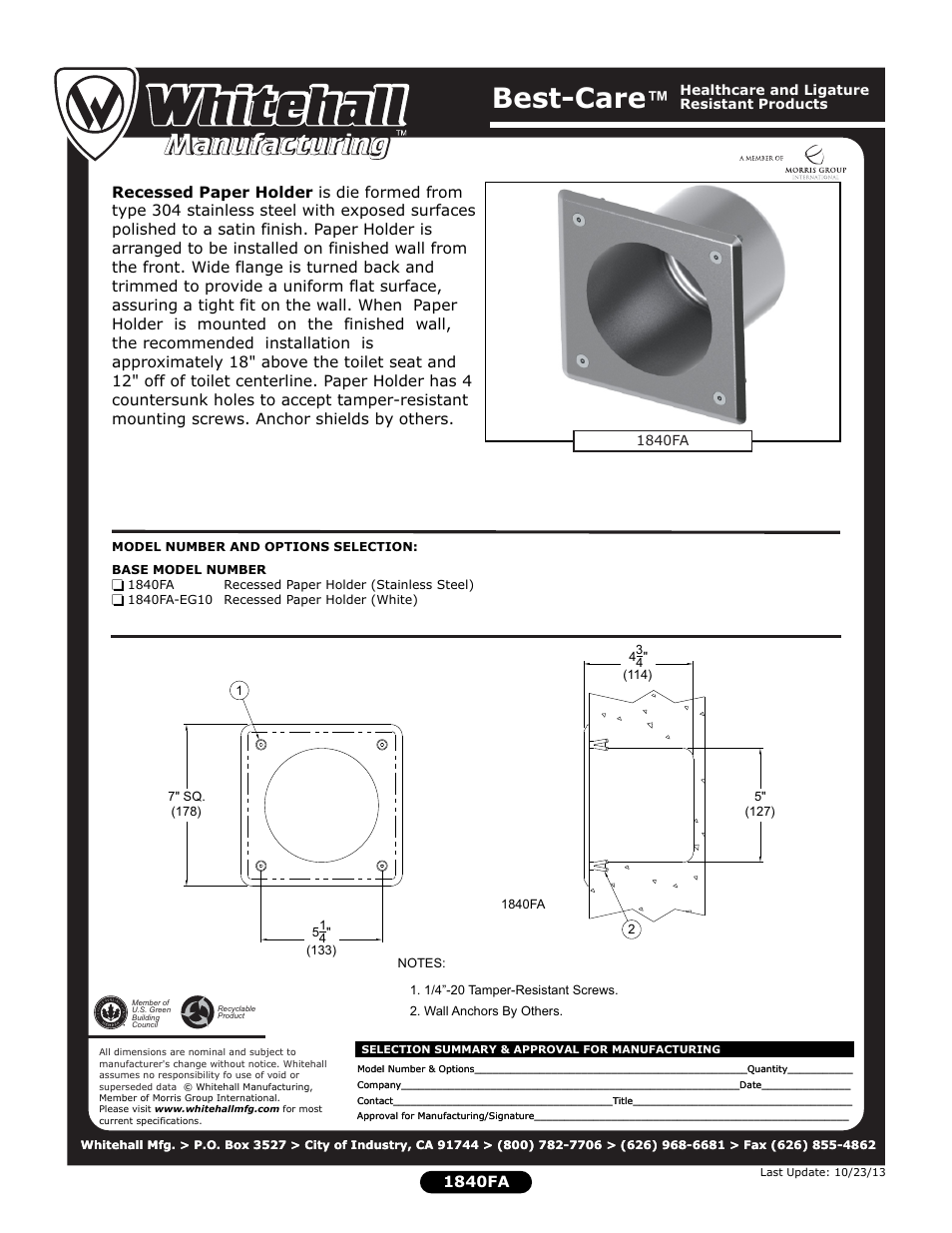 Whitehall Manufacturing 1840FA User Manual | 1 page