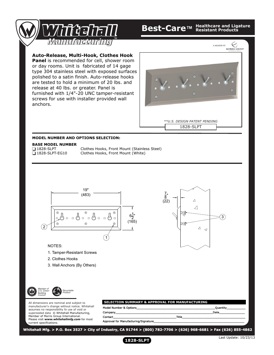 Whitehall Manufacturing 1828-SLPT User Manual | 1 page