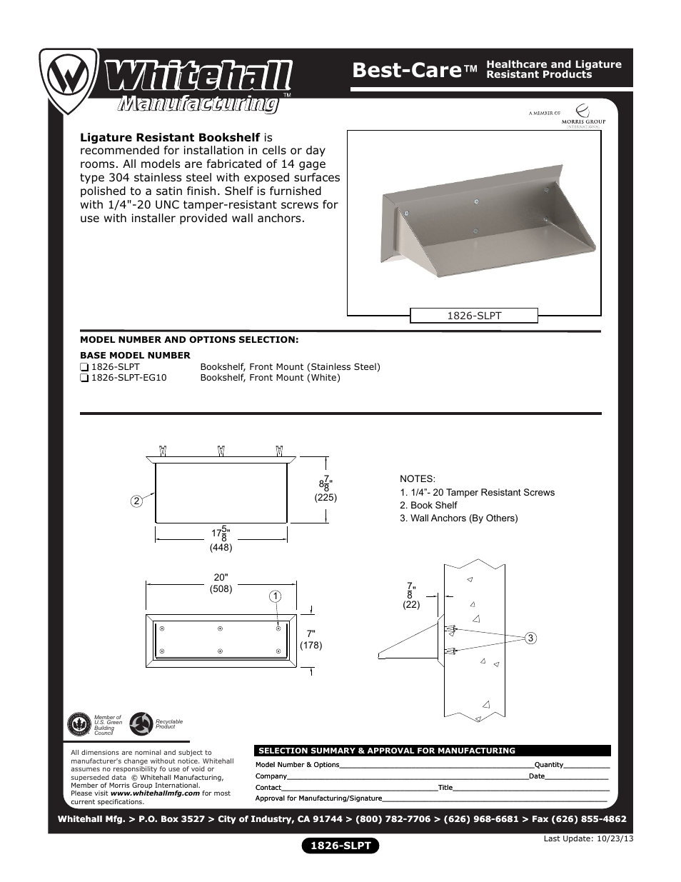 Whitehall Manufacturing 1826-SLPT User Manual | 1 page
