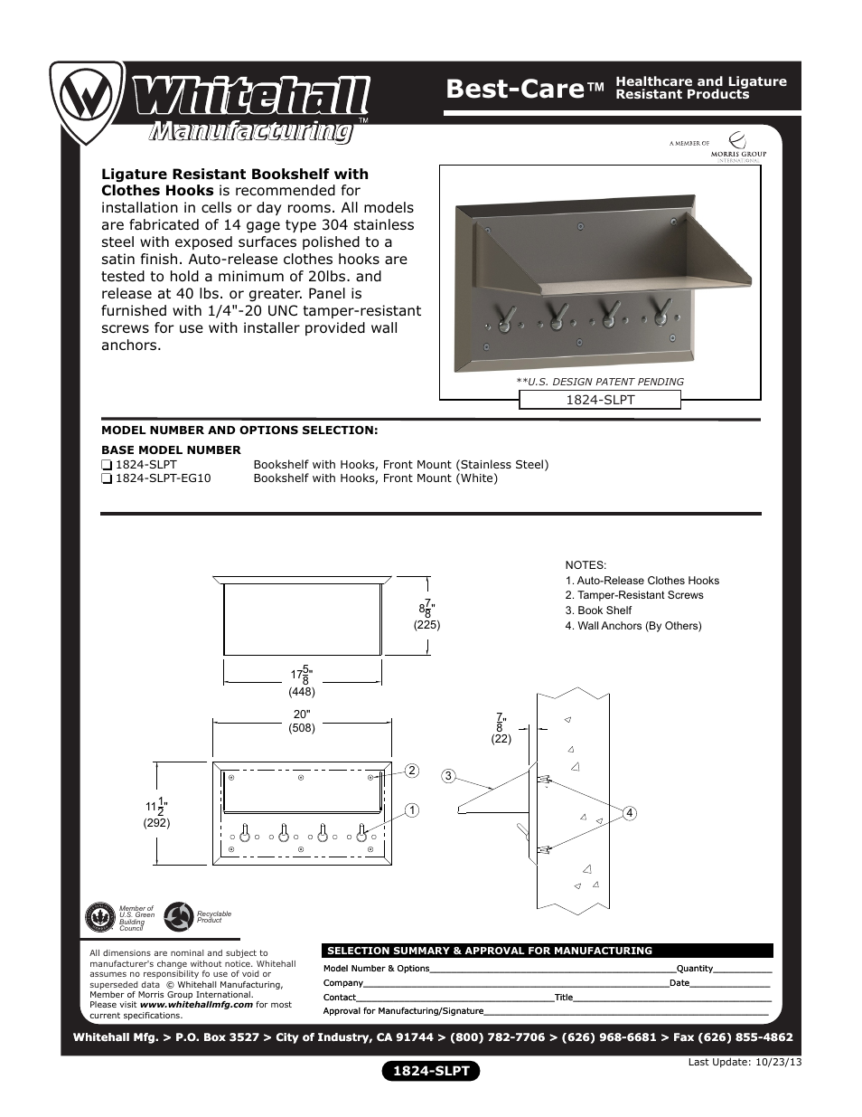 Whitehall Manufacturing 1824-SLPT User Manual | 1 page