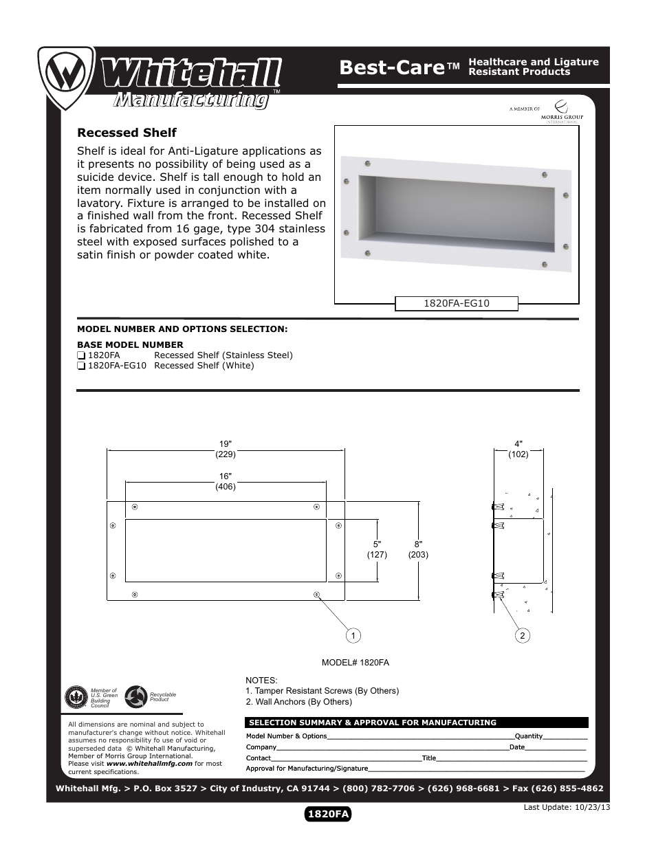 Whitehall Manufacturing 1820FA User Manual | 1 page