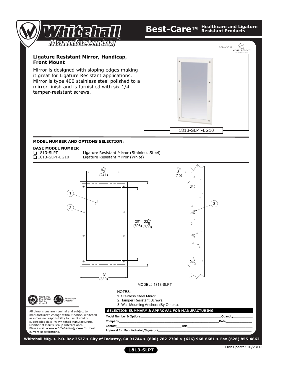 Whitehall Manufacturing 1813-SLPT User Manual | 1 page