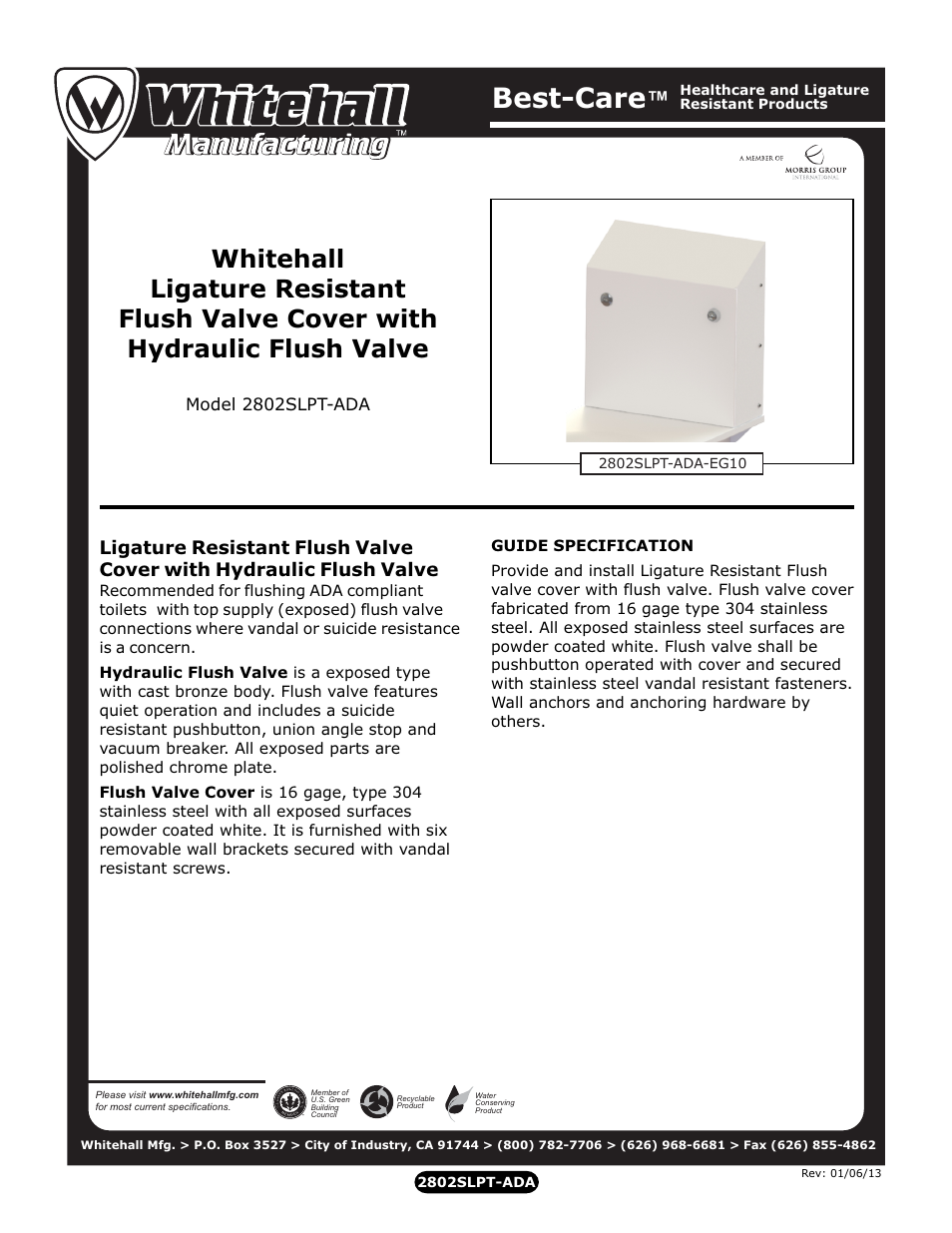 Whitehall Manufacturing 2802-SLPT-ADA User Manual | 2 pages