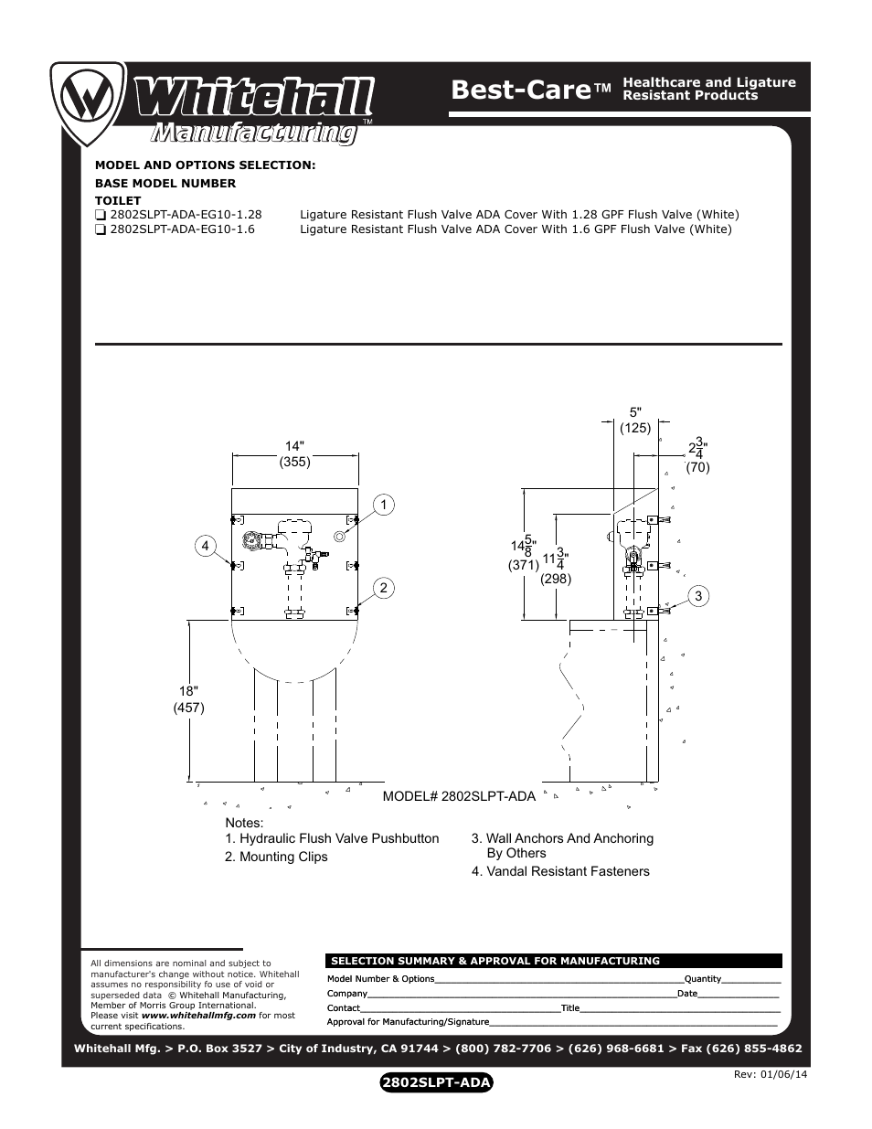 Best-care | Whitehall Manufacturing 2802-SLPT-ADA User Manual | Page 2 / 2