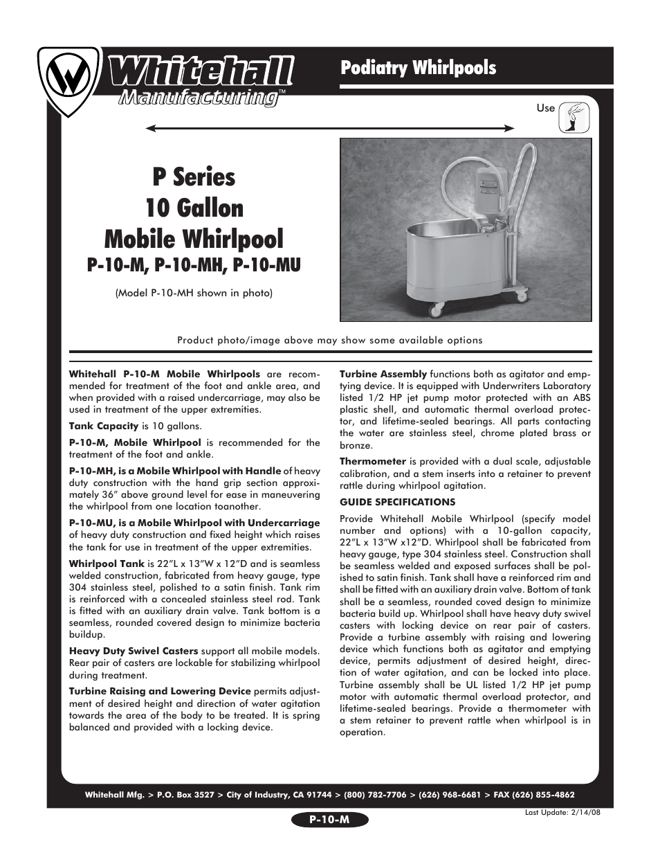 Whitehall Manufacturing P-10-MU User Manual | 2 pages