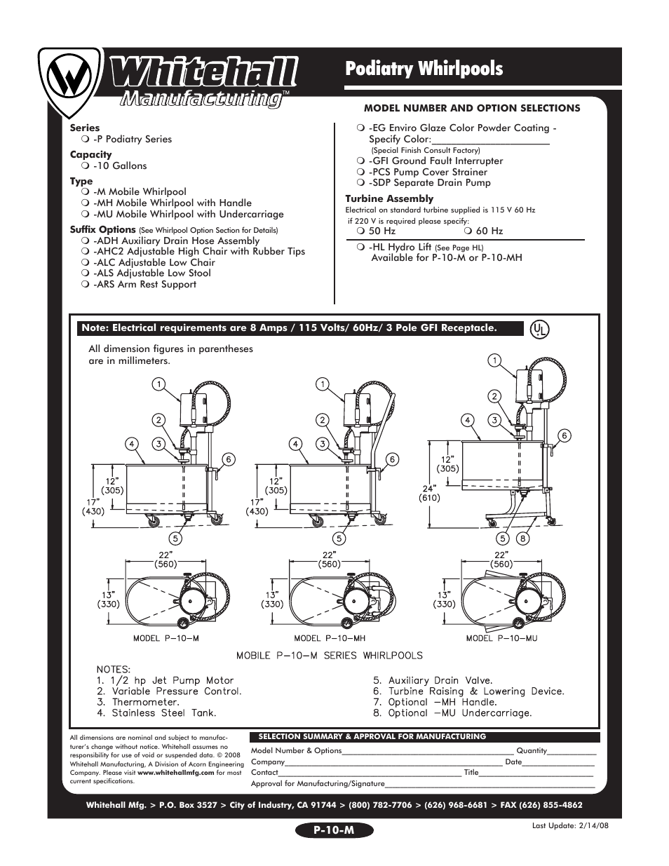 Podiatry whirlpools | Whitehall Manufacturing P-10-MU User Manual | Page 2 / 2