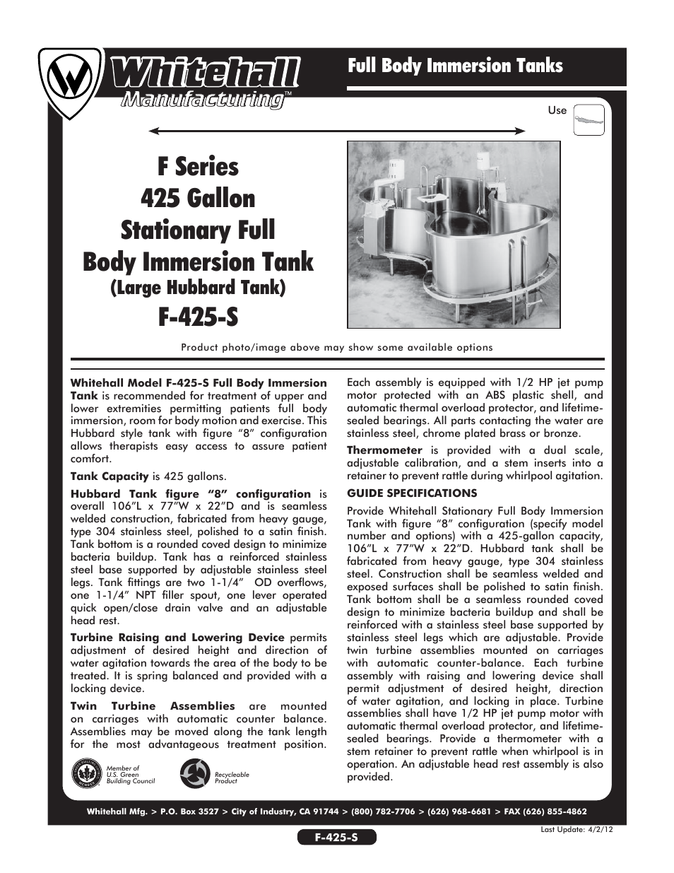 Whitehall Manufacturing F-425-S User Manual | 2 pages