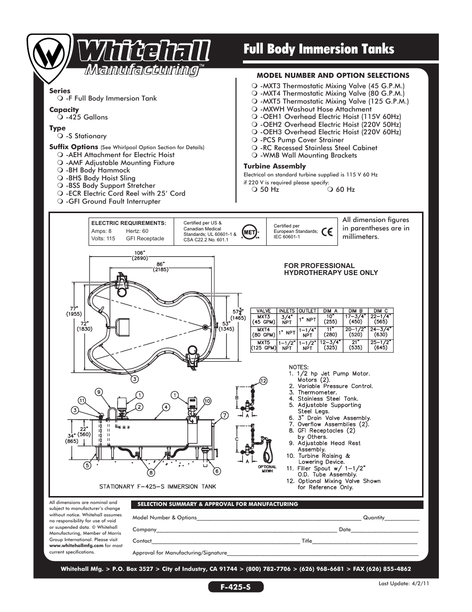 Full body immersion tanks | Whitehall Manufacturing F-425-S User Manual | Page 2 / 2