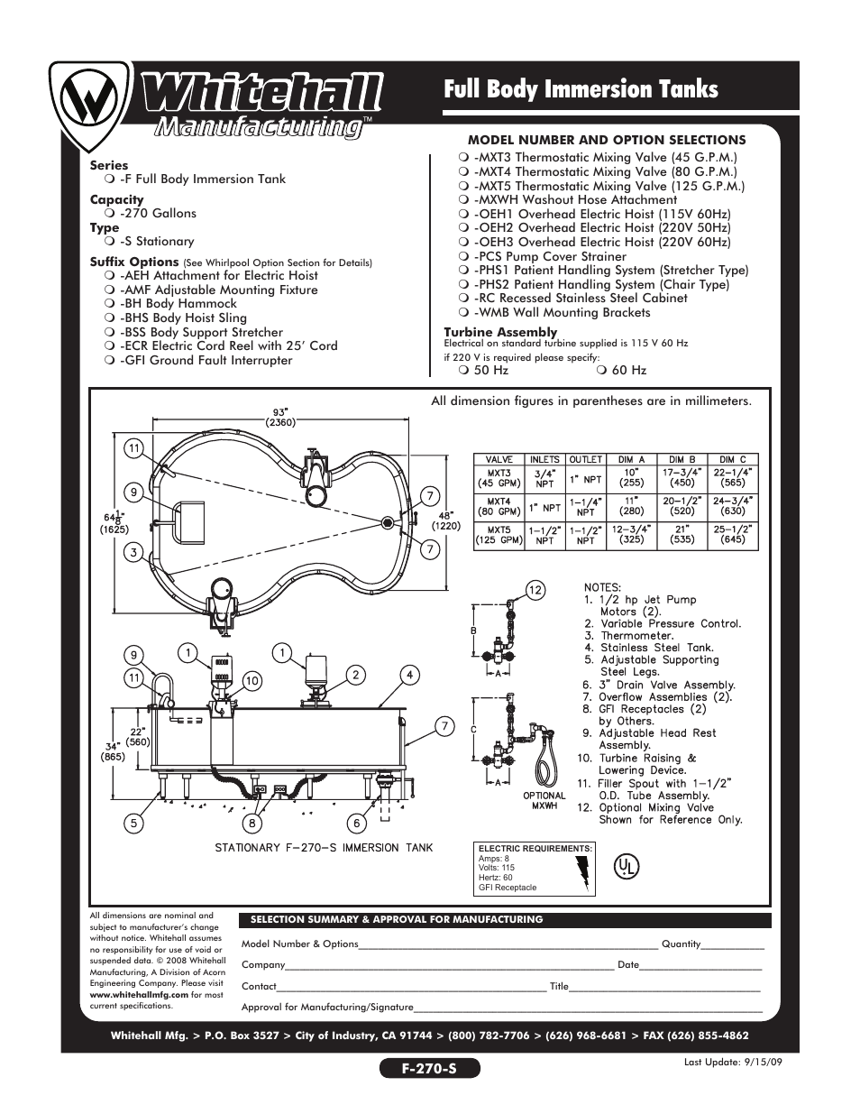 Full body immersion tanks | Whitehall Manufacturing F-270-S User Manual | Page 2 / 2