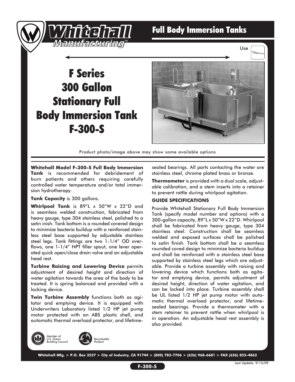 Whitehall Manufacturing F-300-S User Manual | 2 pages