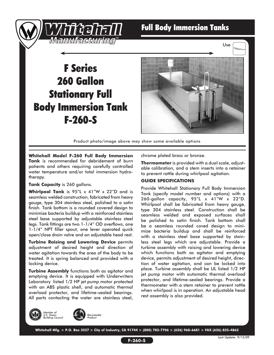 Whitehall Manufacturing F-260-S User Manual | 2 pages