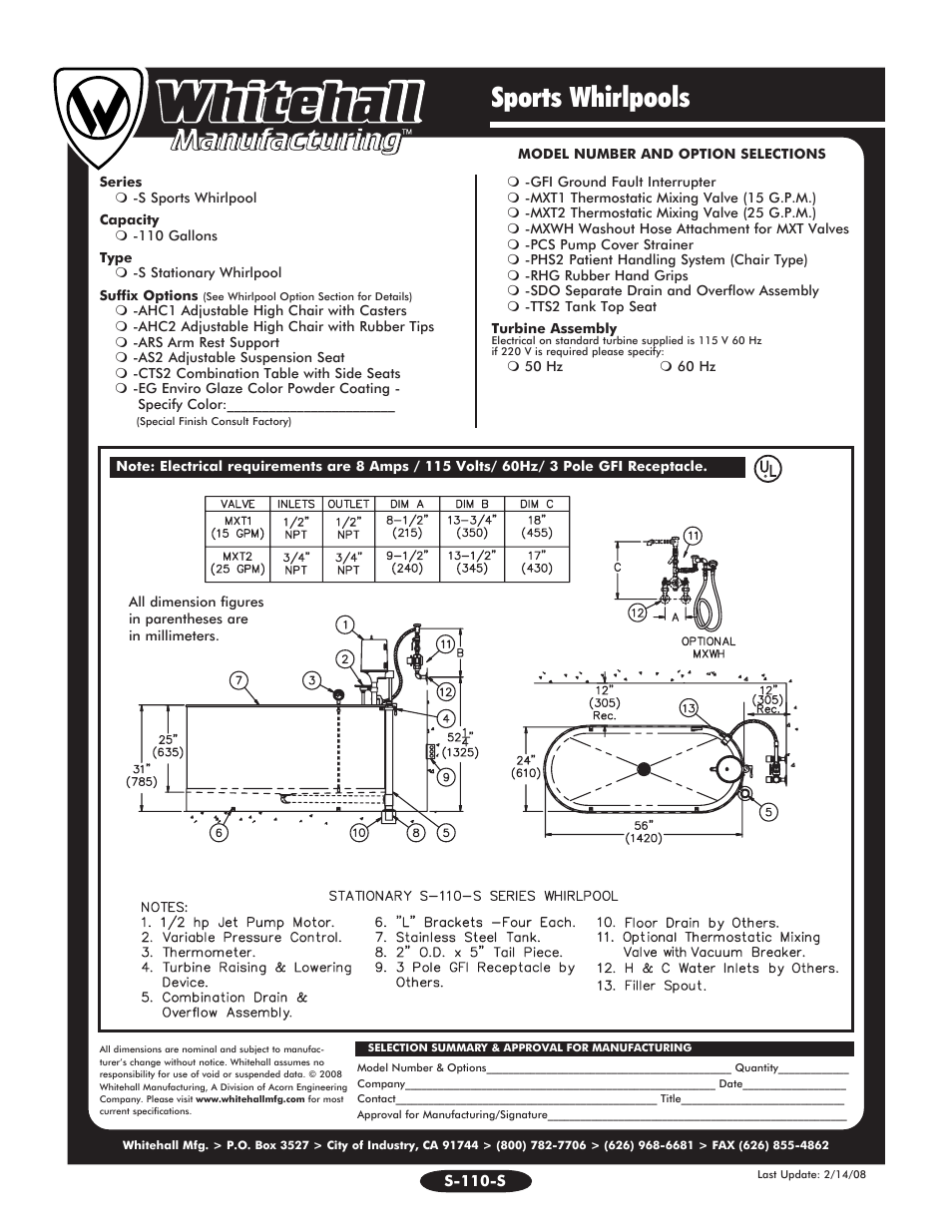 Sports whirlpools | Whitehall Manufacturing S-110-S User Manual | Page 2 / 2