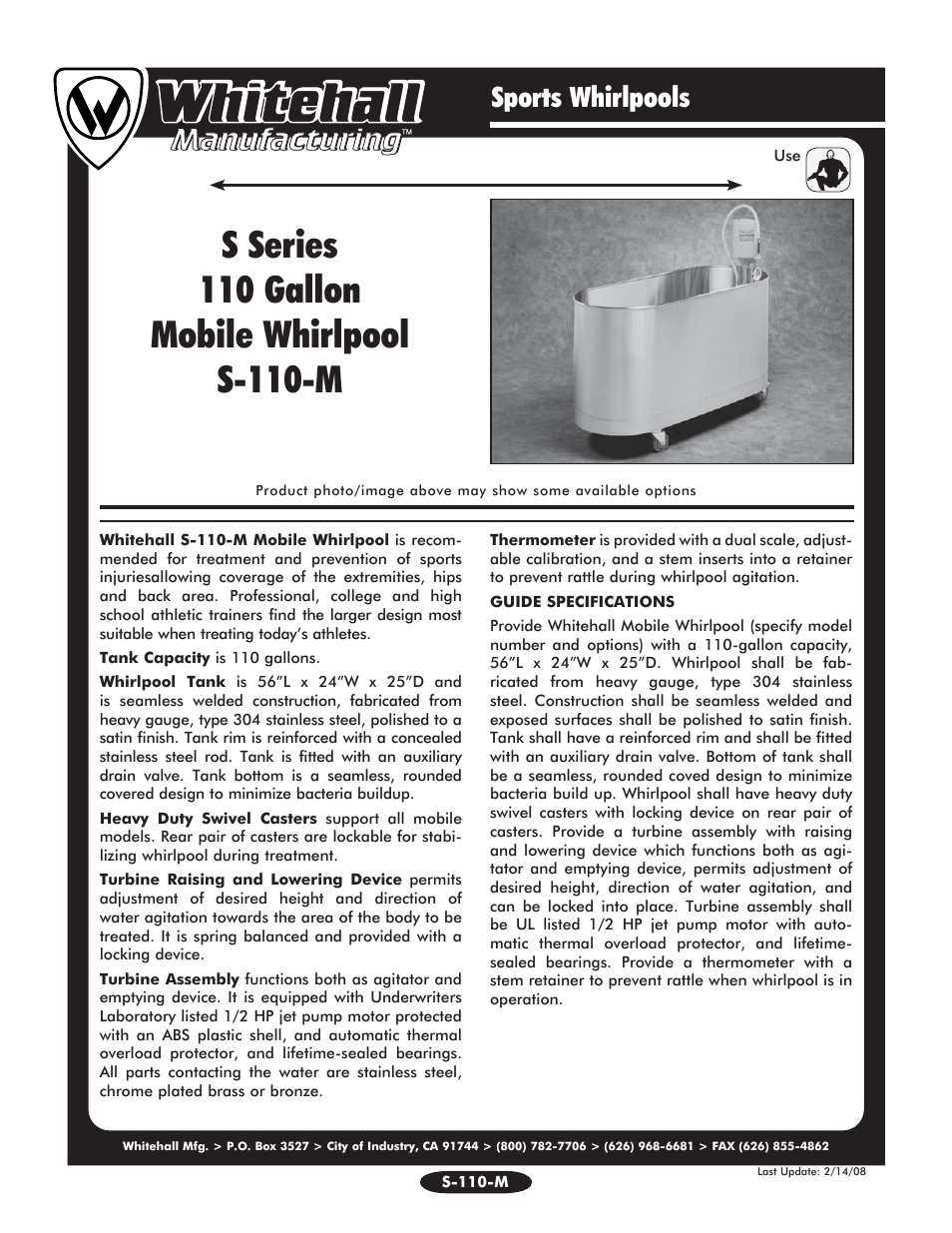 Whitehall Manufacturing S-110-M User Manual | 2 pages