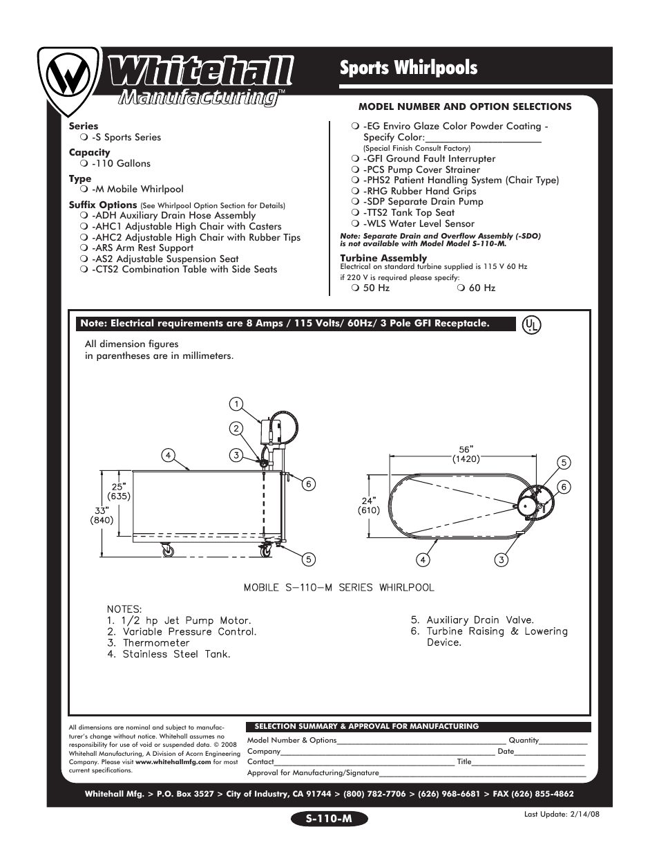 Sports whirlpools | Whitehall Manufacturing S-110-M User Manual | Page 2 / 2