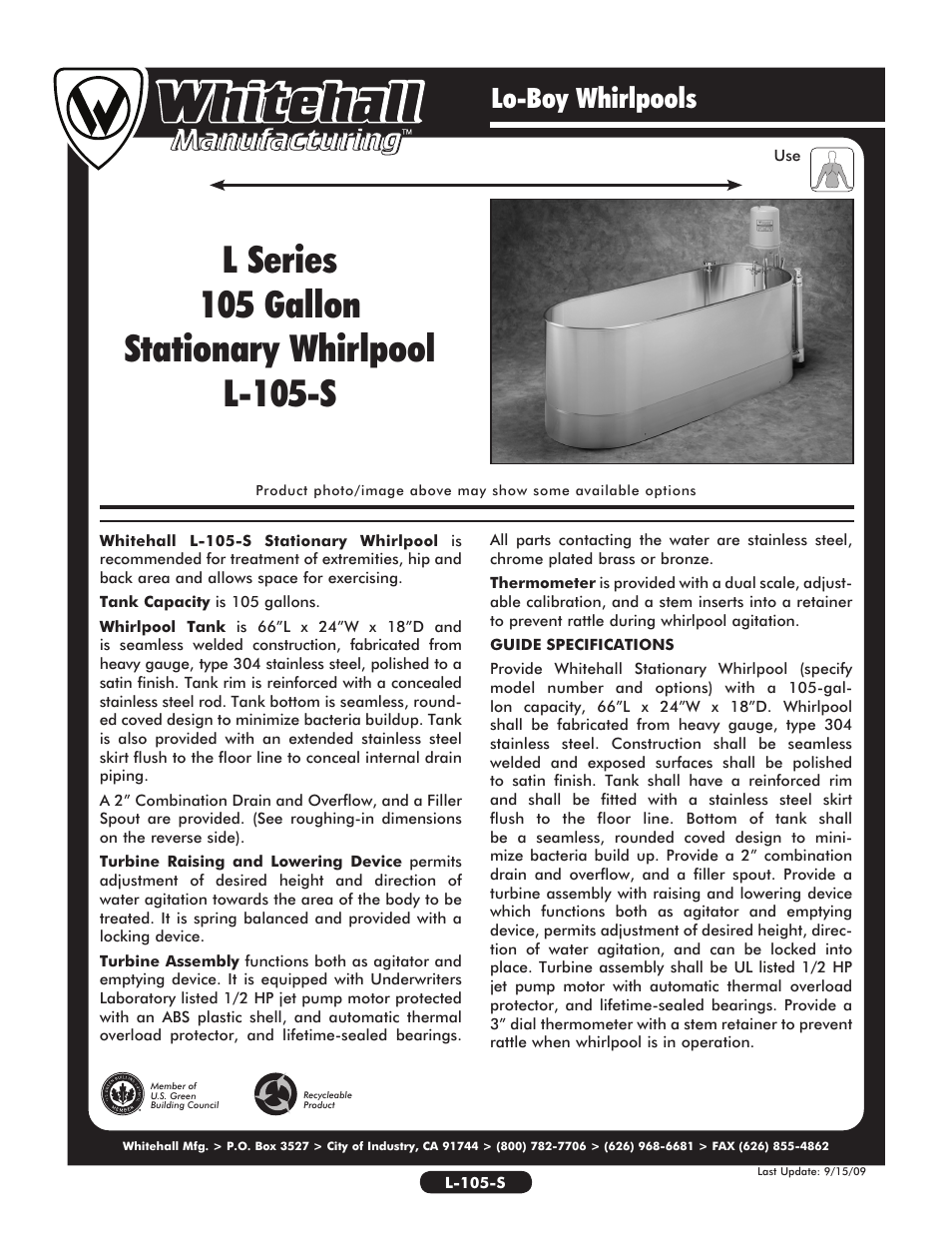 Whitehall Manufacturing L-105-S User Manual | 2 pages