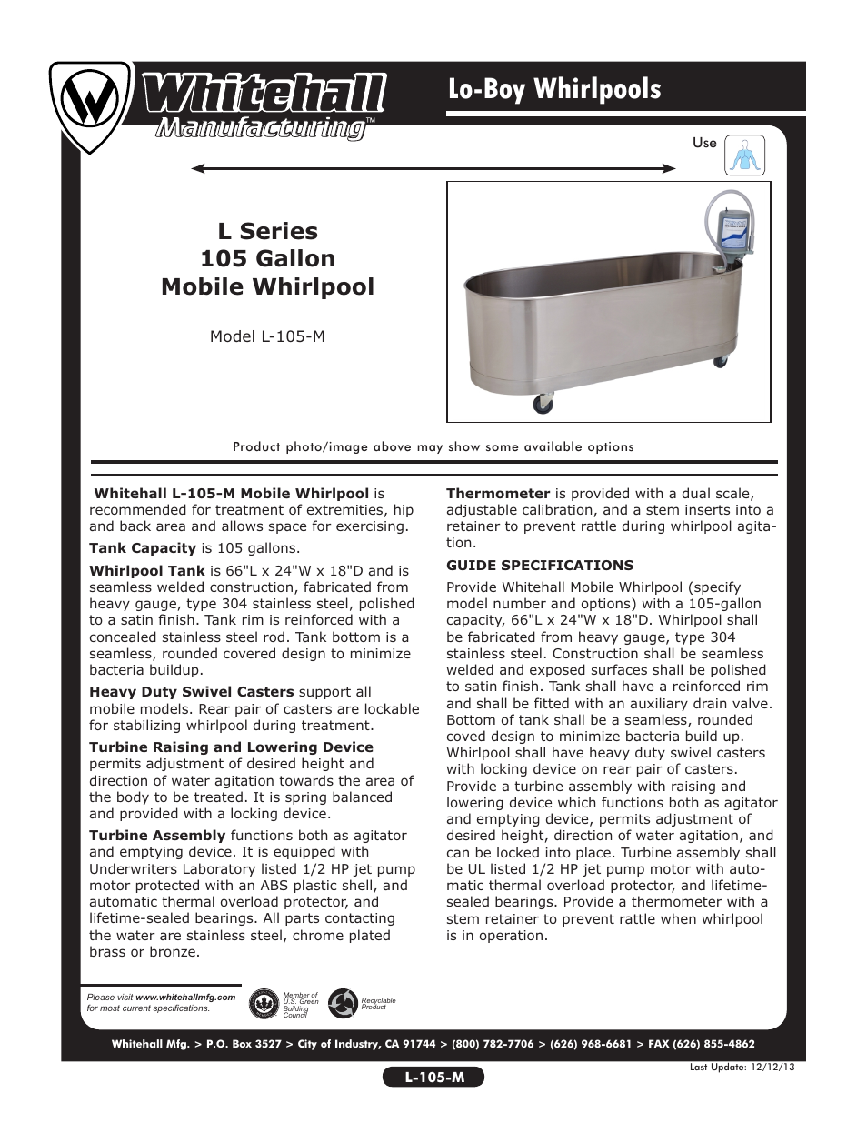 Whitehall Manufacturing L-105-M User Manual | 2 pages