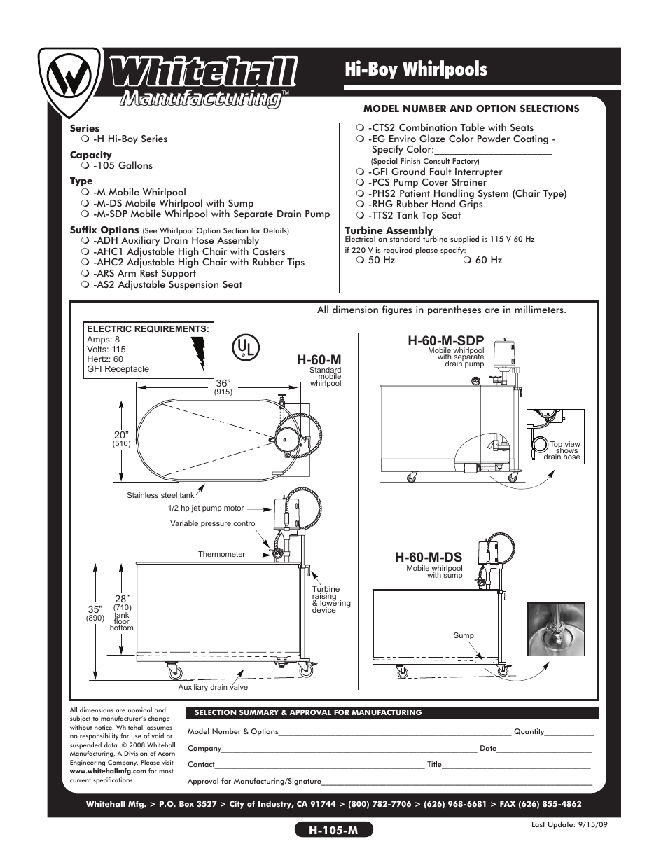 Hi-boy whirlpools, H-60-m, H-60-m-sdp | H-60-m-ds | Whitehall Manufacturing H-105-M User Manual | Page 2 / 2