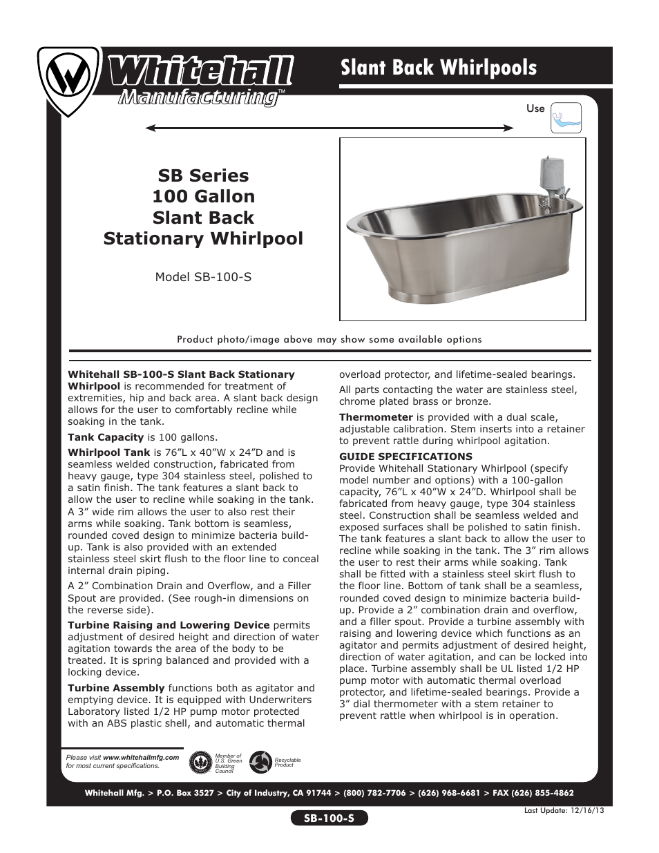 Whitehall Manufacturing SB-100-S User Manual | 2 pages