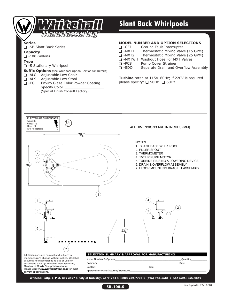 Slant back whirlpools | Whitehall Manufacturing SB-100-S User Manual | Page 2 / 2