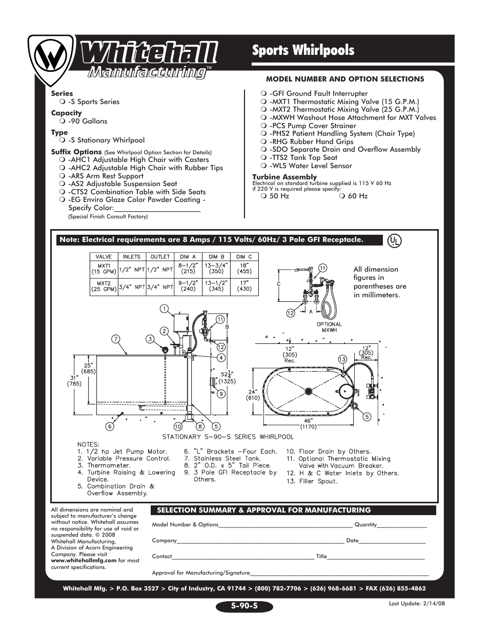 Sports whirlpools | Whitehall Manufacturing S-90-S User Manual | Page 2 / 2