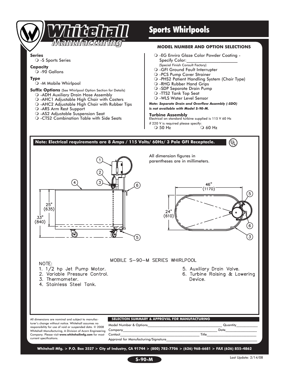 Sports whirlpools | Whitehall Manufacturing S-90-M User Manual | Page 2 / 2