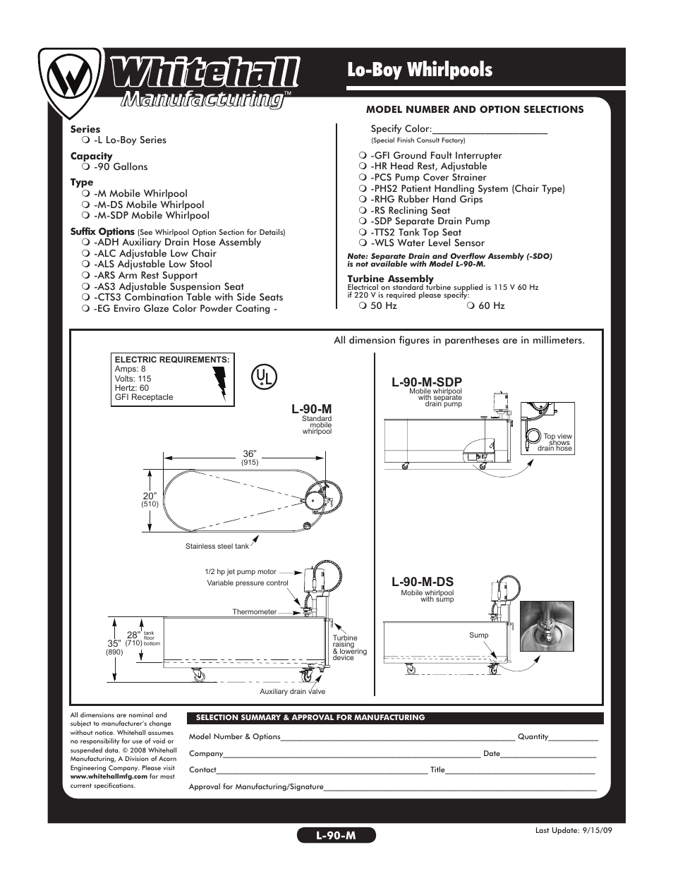 Lo-boy whirlpools, L-90-m, L-90-m-sdp | L-90-m-ds | Whitehall Manufacturing L-90-M User Manual | Page 2 / 2