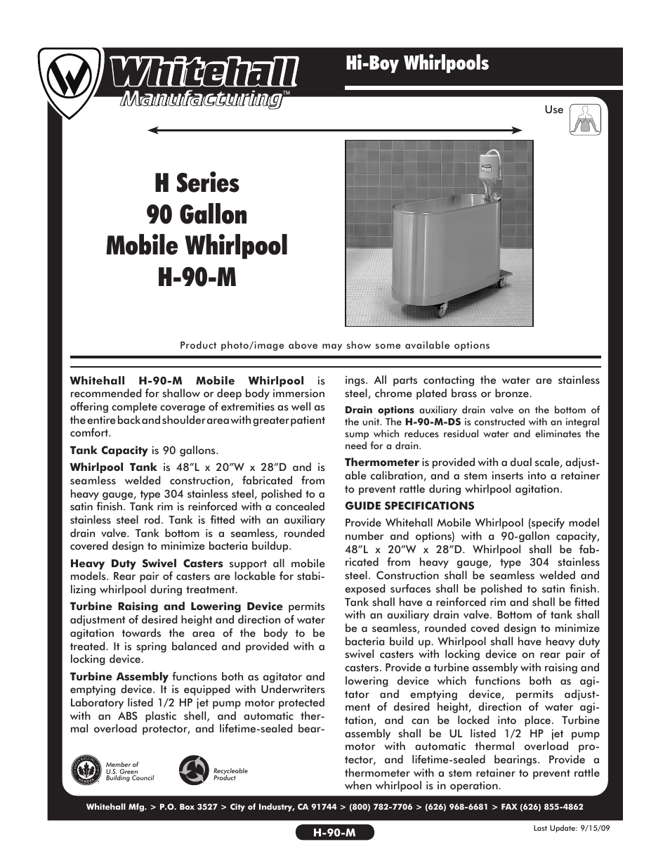 Whitehall Manufacturing H-90-M User Manual | 2 pages