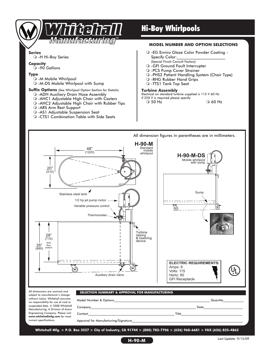 Hi-boy whirlpools, H-90-m, H-90-m-ds | Whitehall Manufacturing H-90-M User Manual | Page 2 / 2