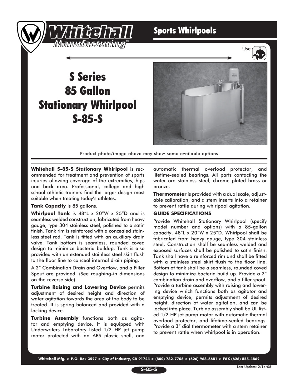 Whitehall Manufacturing S-85-S User Manual | 2 pages