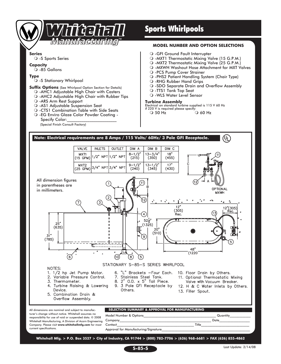 Sports whirlpools | Whitehall Manufacturing S-85-S User Manual | Page 2 / 2