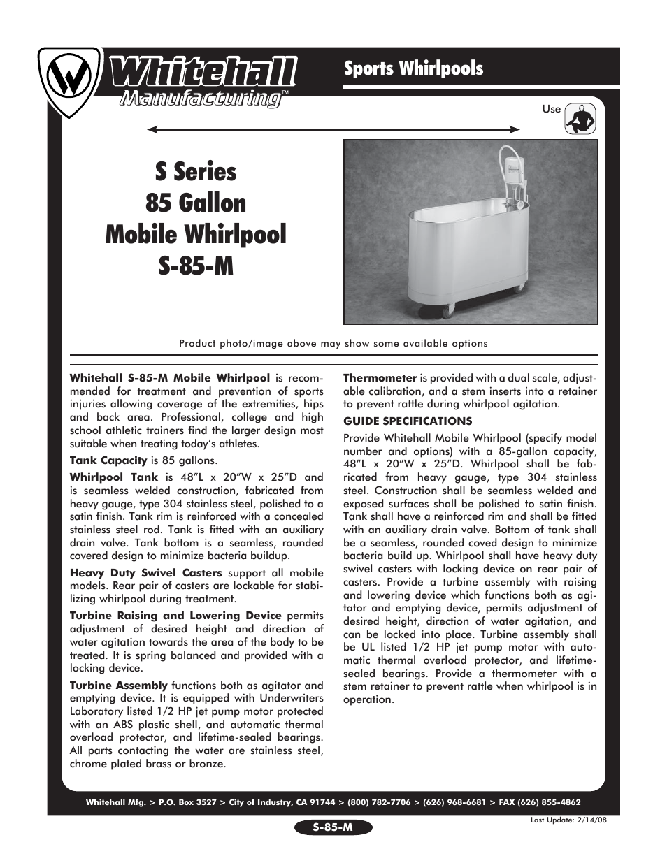 Whitehall Manufacturing S-85-M User Manual | 2 pages