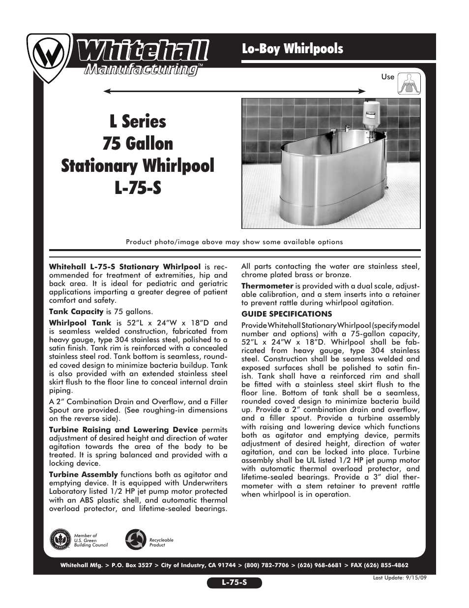 Whitehall Manufacturing L-75-S User Manual | 2 pages