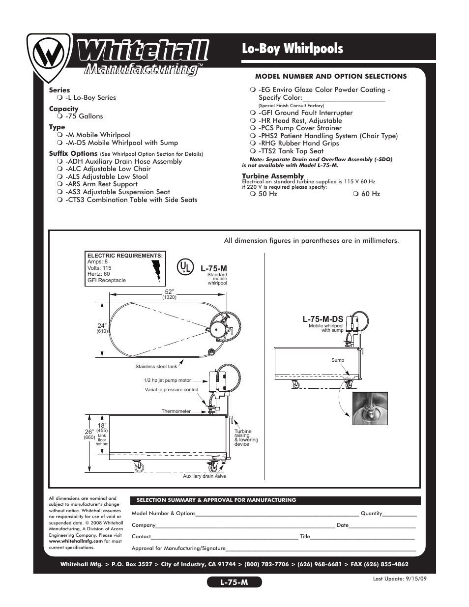 Lo-boy whirlpools, L-75-m, L-75-m-ds | Whitehall Manufacturing L-75-M User Manual | Page 2 / 2