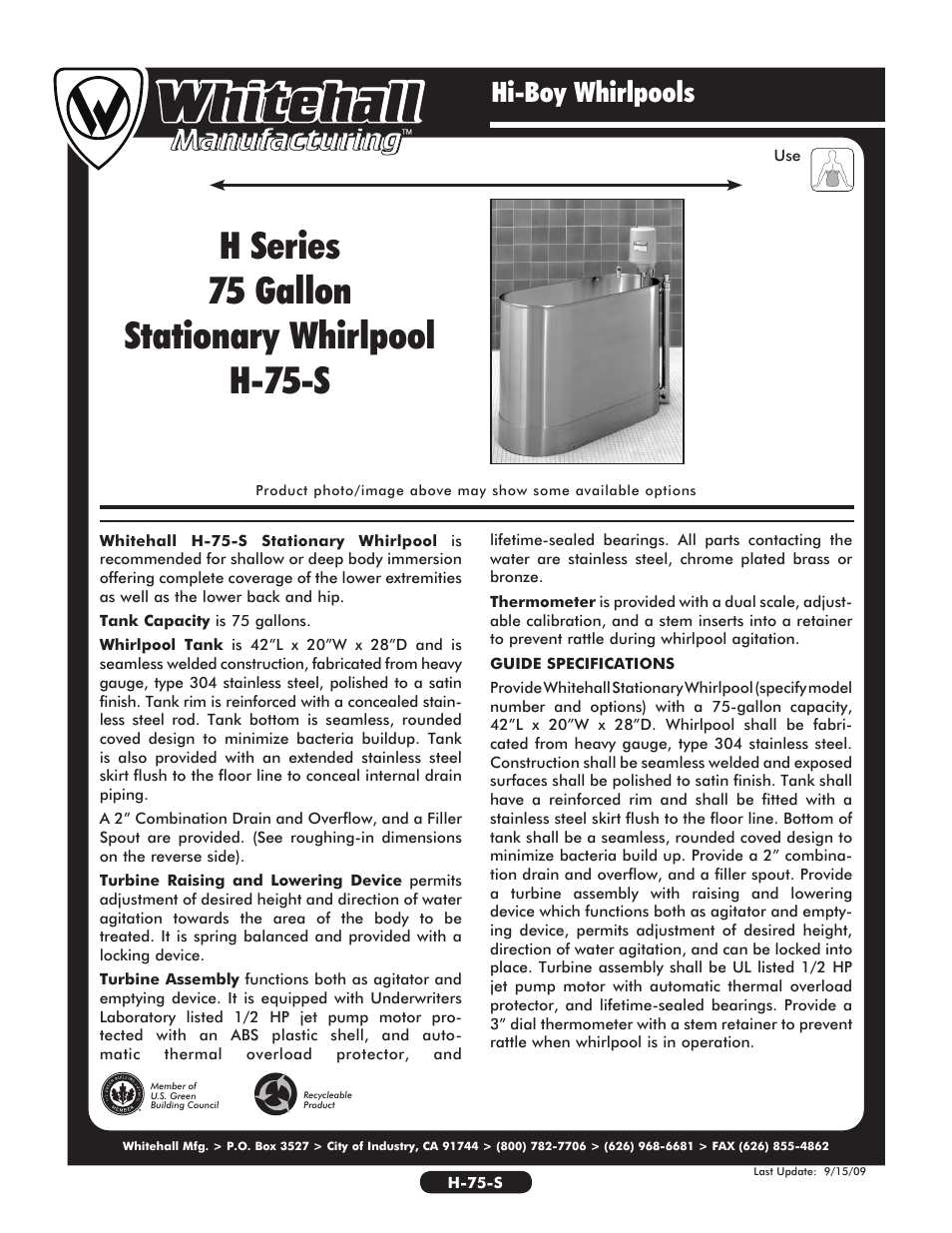 Whitehall Manufacturing H-75-S User Manual | 2 pages